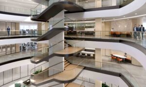 Rendering of an interior atrium staircase, which is part of the green refit taking place at Growthpoint Properties' 36 Hans Strijdom building in Cape Town for Ninety One.