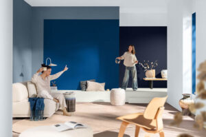 Dulux light blue Mellow Flow™, the dark blue Slow Swing™, and the vibrant Free Groove