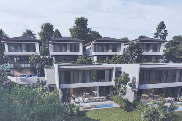Contemporary townhouses with private patios and small pools.
