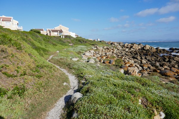 Coastal walking path beside rocky shoreline and hillside homes.