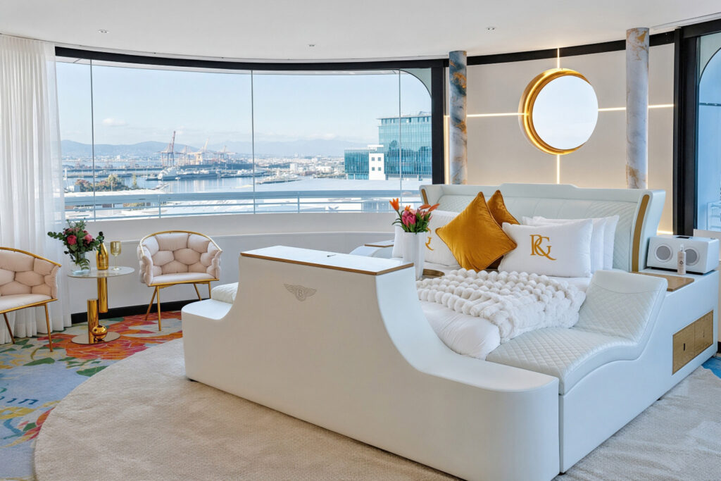 The master suite with curved floor-to-ceiling glazing looking out over Table Bay harbour