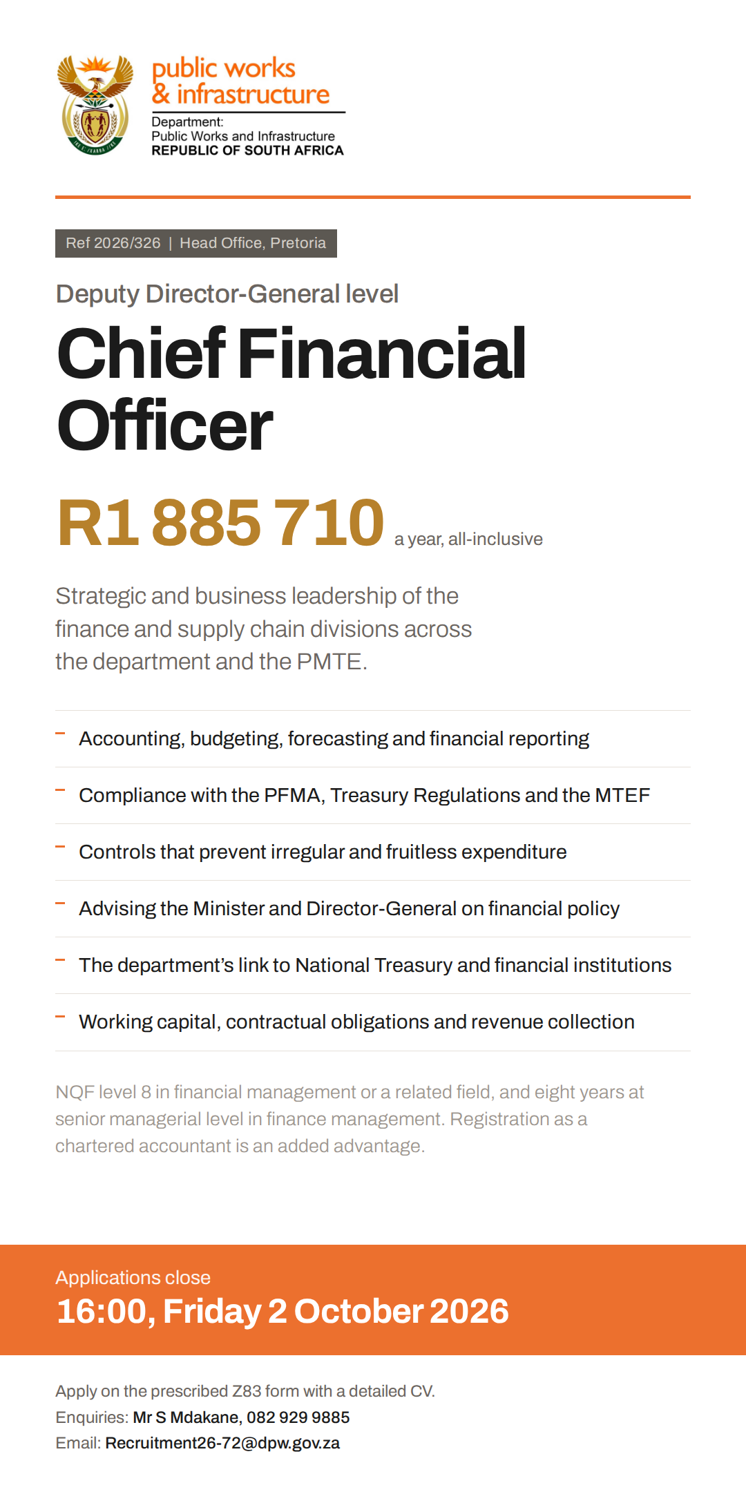 DPWI Chief Financial Officer vacancy, Ref 2026/326, R1 885 710 a year, applications close 2 October 2026