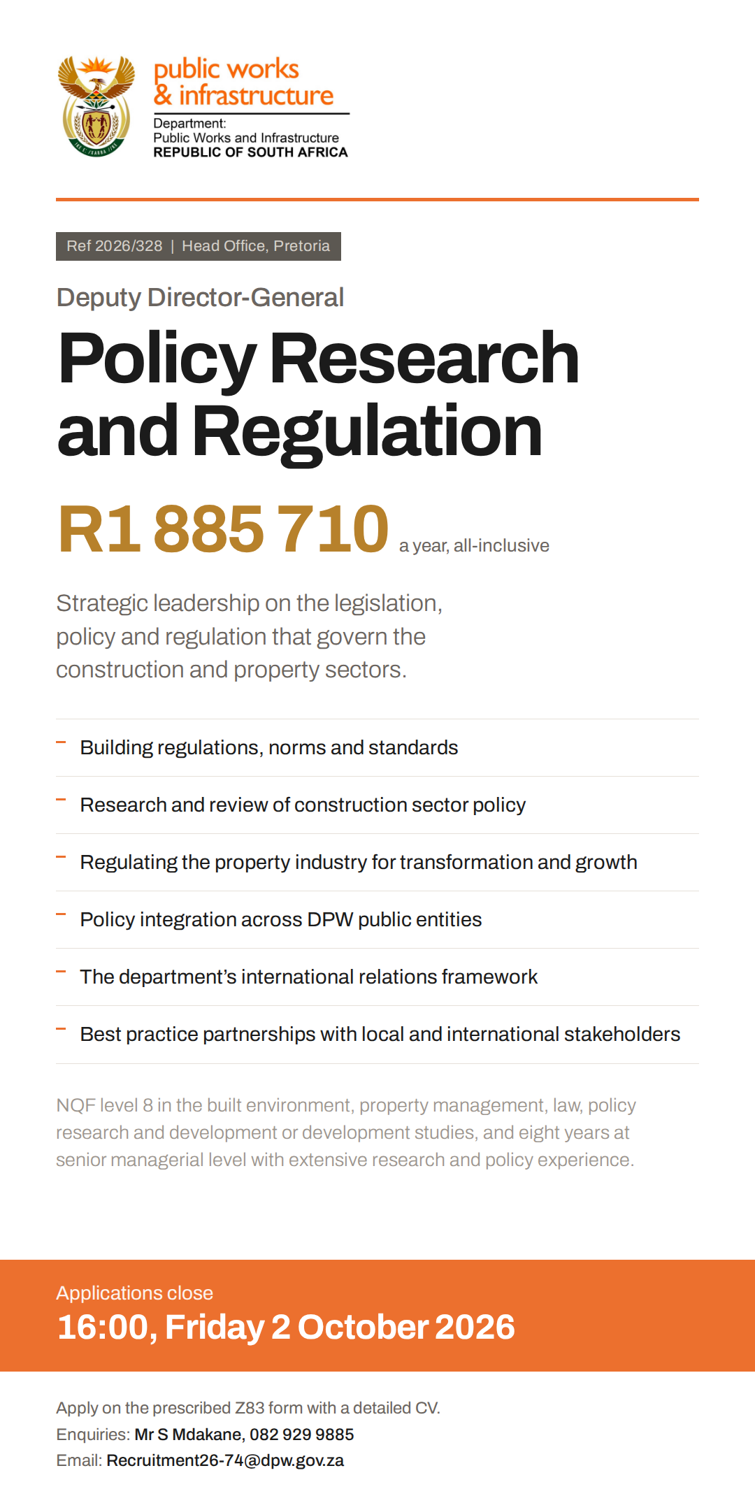 DPWI Deputy Director-General Policy Research and Regulation vacancy, Ref 2026/328, R1 885 710 a year, applications close 2 October 2026