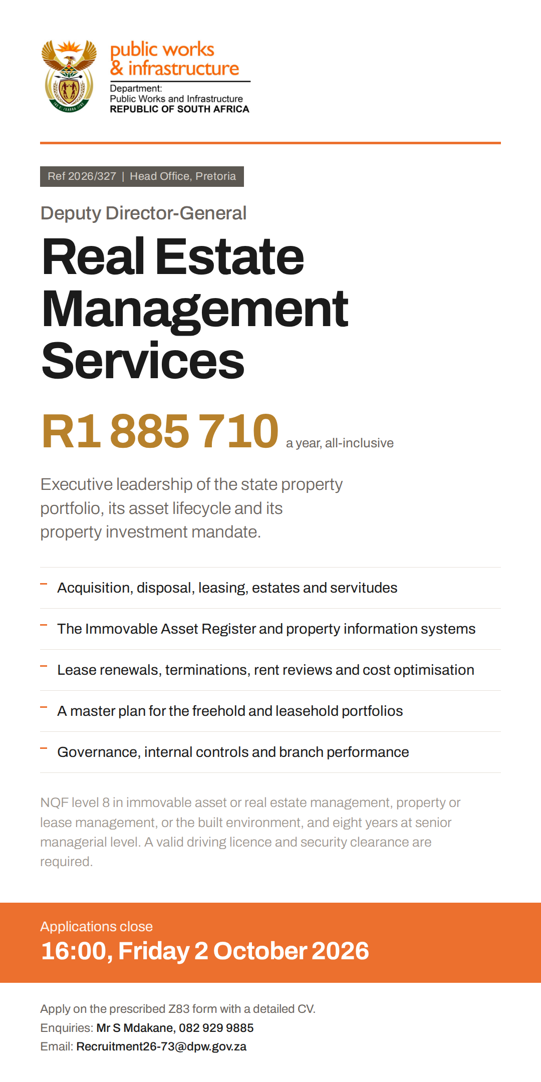 DPWI Deputy Director-General Real Estate Management Services vacancy, Ref 2026/327, R1 885 710 a year, applications close 2 October 2026