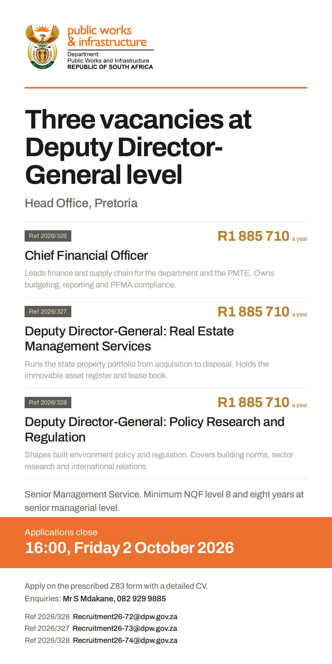 Department of Public Works and Infrastructure - three Deputy Director-General vacancies, applications close 2 October 2026