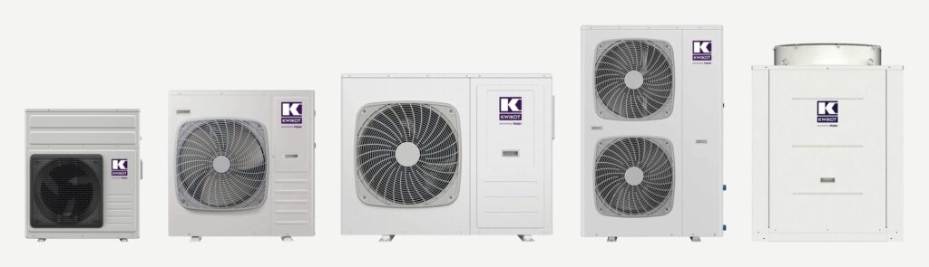The five Kwikot Kwikpump commercial heat pumps, HP-008 to HP-085, side by side