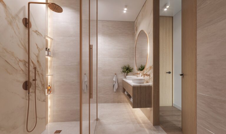 Artist's impression of a Vilasita bathroom with a walk-in shower and double basins
