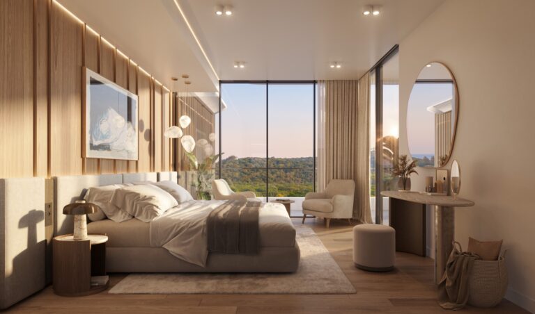 Artist's impression of a Vilasita bedroom with floor-to-ceiling windows over coastal forest