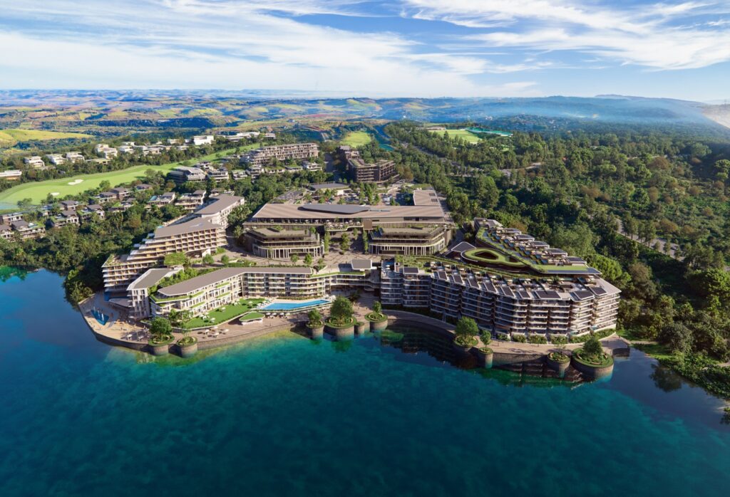 Artist's impression of the Tatali Precinct at Zimbali Lakes from the air, with the golf course beyond