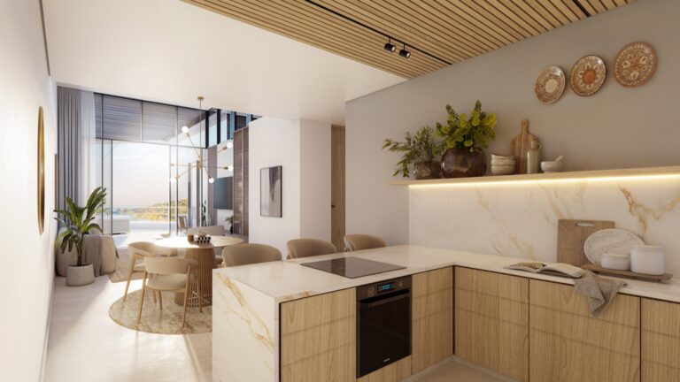 Artist's impression of a Vilasita kitchen and dining area with marble counters and timber cabinetry