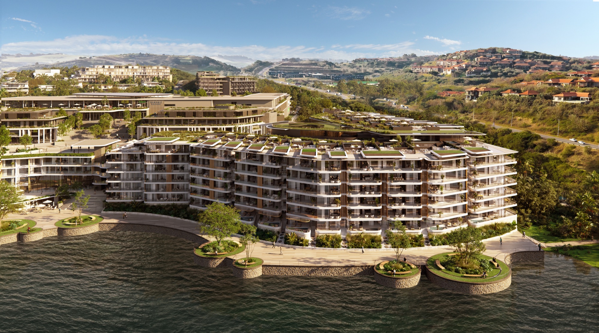 Artist's impression of Vilasita's lakefront buildings and promenade at Zimbali Lakes, with Zimbali Square behind
