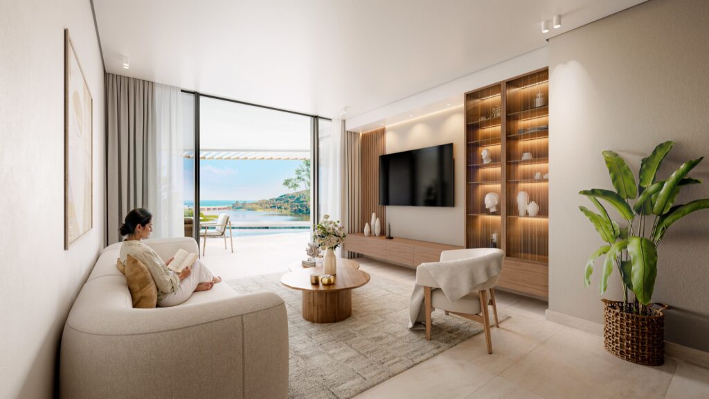 Artist's impression of a Vilasita lounge opening onto a terrace with views across the lake to the Indian Ocean