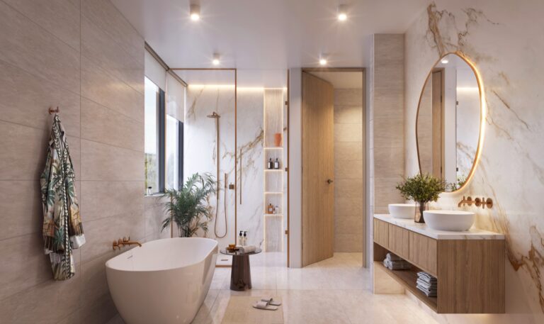 Artist's impression of a Vilasita bathroom with a freestanding bath, marble walls and copper fittings