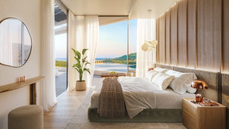 Artist's impression of a Vilasita main bedroom looking over the lake towards the sea
