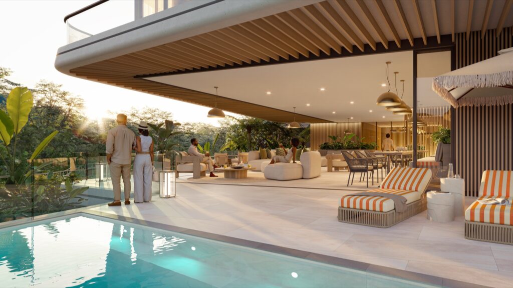 Artist's impression of a Vilasita penthouse terrace with a private pool and covered entertainment area