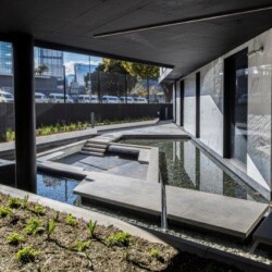 The courtyard materials include water features